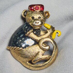 DANECRAFT Monkey Brooch Enamel Banana Rhinestone Hat Vintage Pin 1.5”